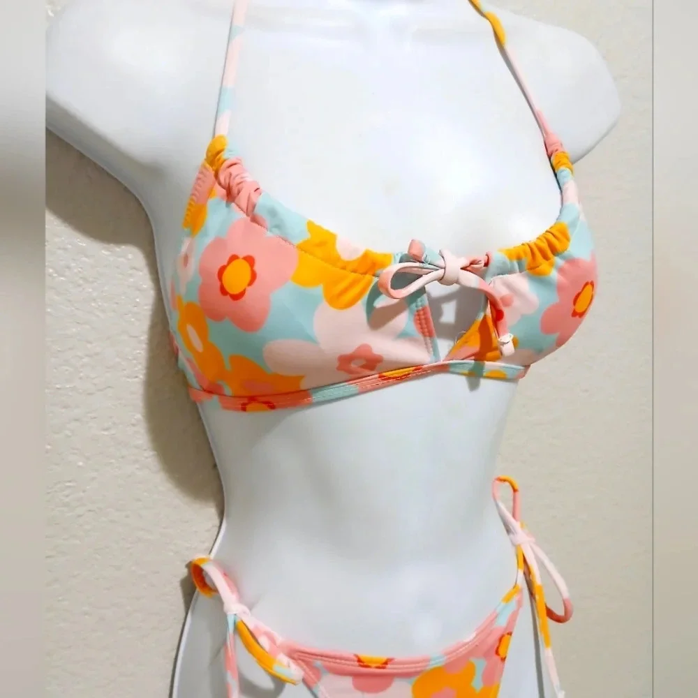 💚5/$25 Zylein Colorful  Floral Halter Tied String Bikini Small Cheeky Bottoms